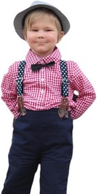 طقم بنطلون مع شيالات وقميص مخطط