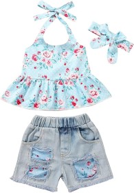 طقم شورت وبلوزة أزرق مع ورد