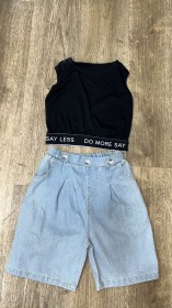 طقم شورت جينز مع شباح نص بطن اسود