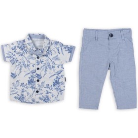 طقم بنطلون أزرق وقميص مشجر