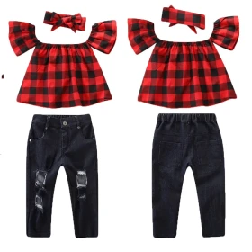 طقم بنطلون ممزع وبلوزة كاروهات