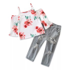 طقم بنطلون ممزع بلوزة كم موردة